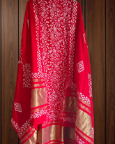 Elegant Muslin Batik Print Suit with Banarasi Accents- RED COLOR